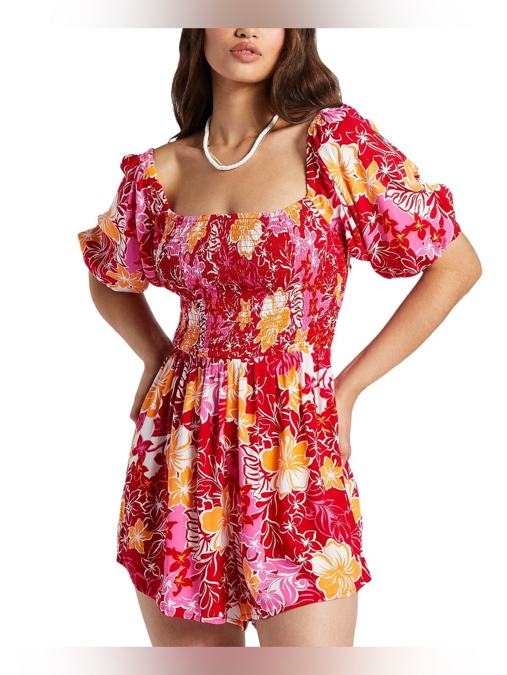 Roxy Juniors Barefoot Babe Smocked-Top Puff-Sleeve Romper Hilo Hibiscus Size M